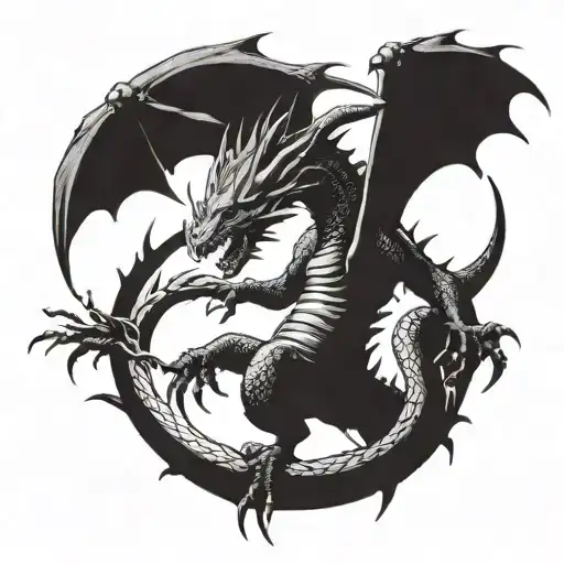 realistic dragon landing watched from his back with his head torn towards left tattoo design idea