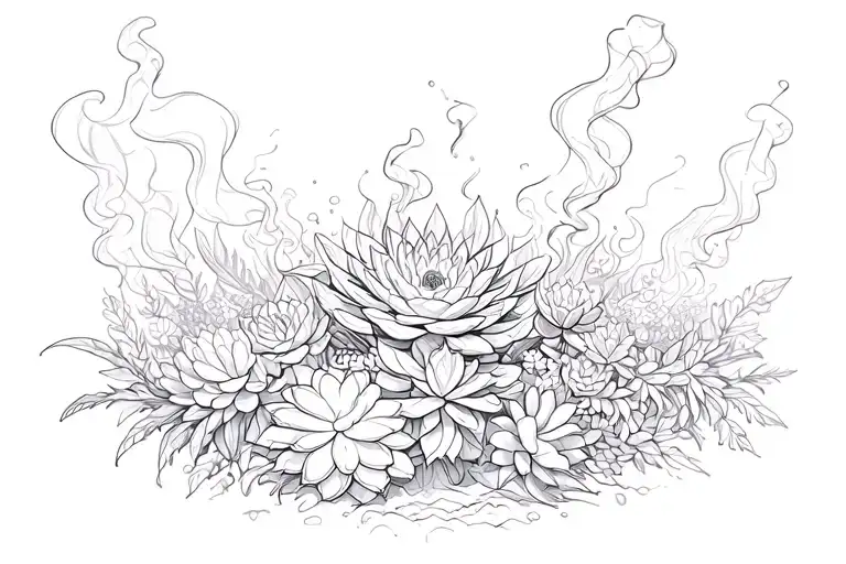 centrepiece succulent surrounded by others with smoke tattoo design idea