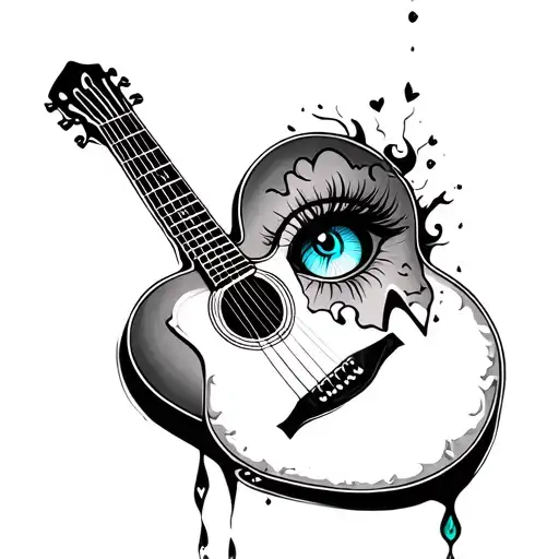 heart broken in two with a feminine blue eye and a single tear falling on an acoustic guitar  tattoo design idea