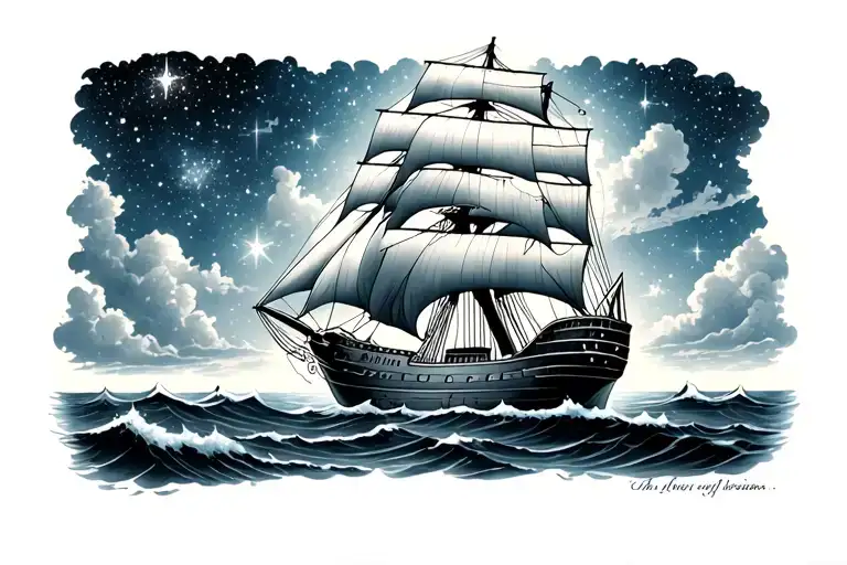 clipper ship sailing through sea under the stars shining tattoo design idea