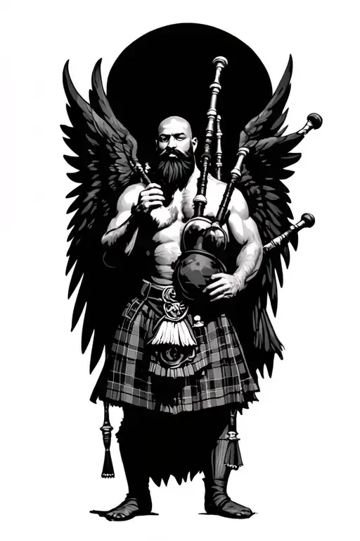 shirtless muscular bagpiper bald black beard playing bagpipes hoge black wings tattoo design idea