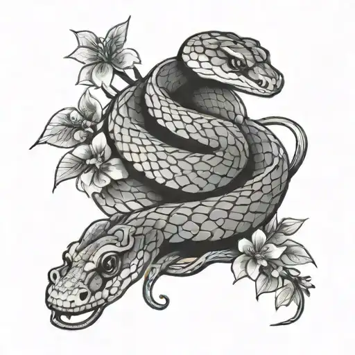 Snake wrapped around a cherry blossom branch tattoo design idea
