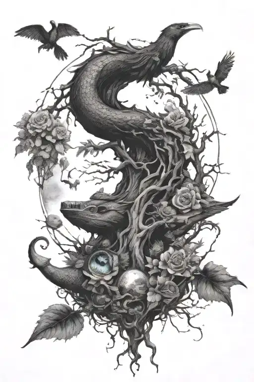 eyeball,,dragon coil,roses,big tree of life,waterfall,moon,whale,nasty,crow, snakes,earth,mushrooms,marijuana leaf tattoo design idea