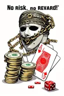 "No risk no reward" dice rolling, money stacks,cards ,mask with banda broken chains .  tattoo design idea