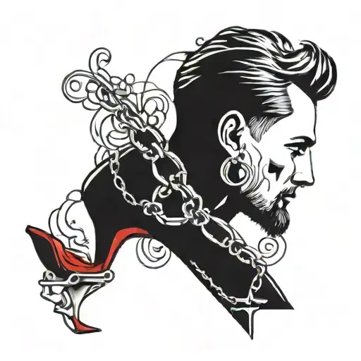 a man's silhouette with a chained red high heels earring tattoo design idea