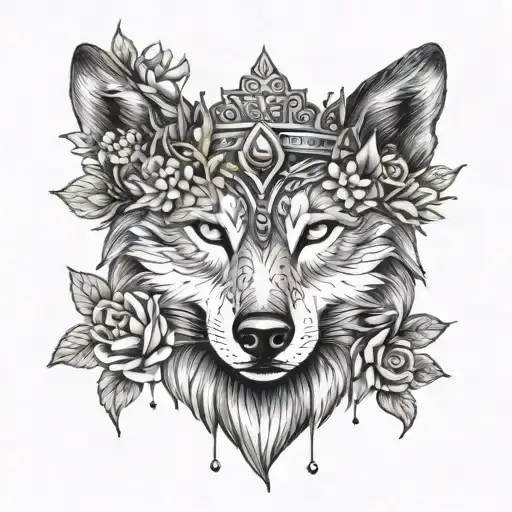  feminine wolf head with flowers and a crown surrounded by bold flowers tattoo design idea
