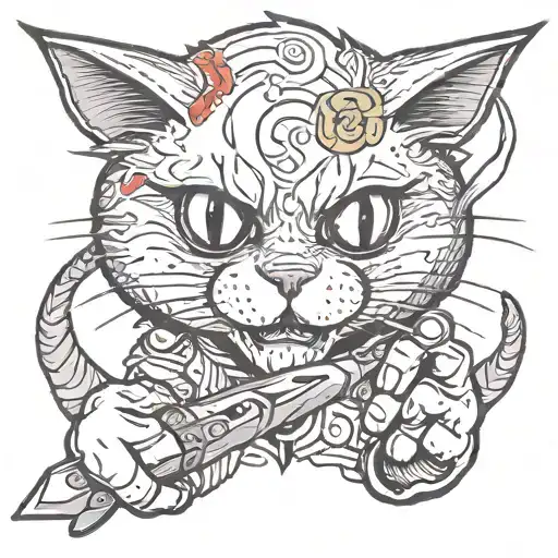 Smoking cat with a penknife in its paw tattoo design idea