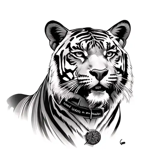 A Tigress, That Has Been Tamed With Collar that Says "Caval is my master, I'm his body and soul" tattoo design idea