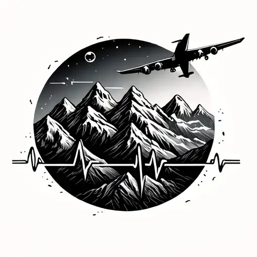 mountains heart rate line and airplane tattoo design idea