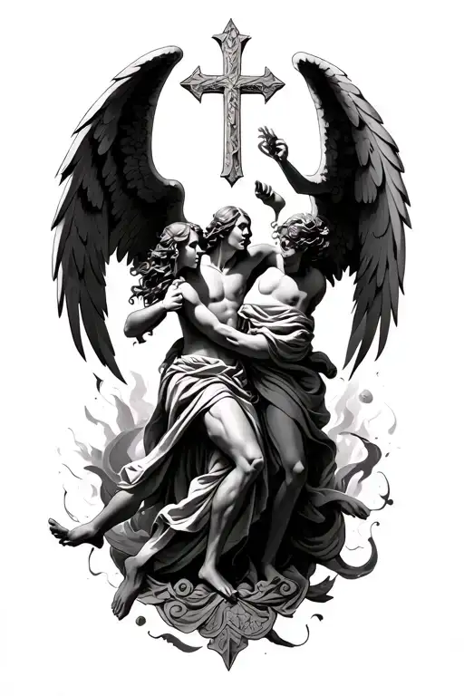 catholic theme, angels and demons fighting tattoo design idea