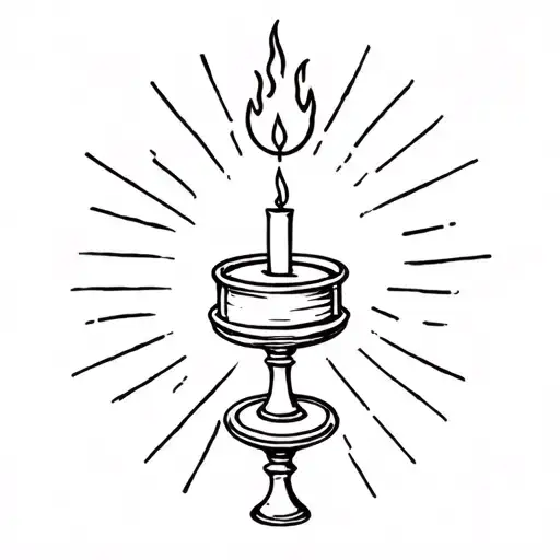 simple small candle on small gothic stand with flame, wax melting from top and a few small rays around the flame  tattoo design idea