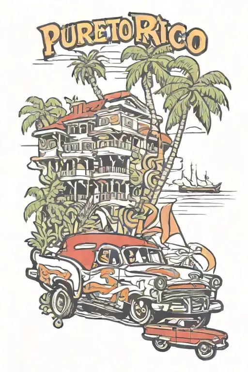 Puerto Rico logo with island scenery and a lowrider  tattoo design idea