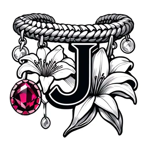 charm bracelet with letter J and lily flower and ruby tattoo design idea