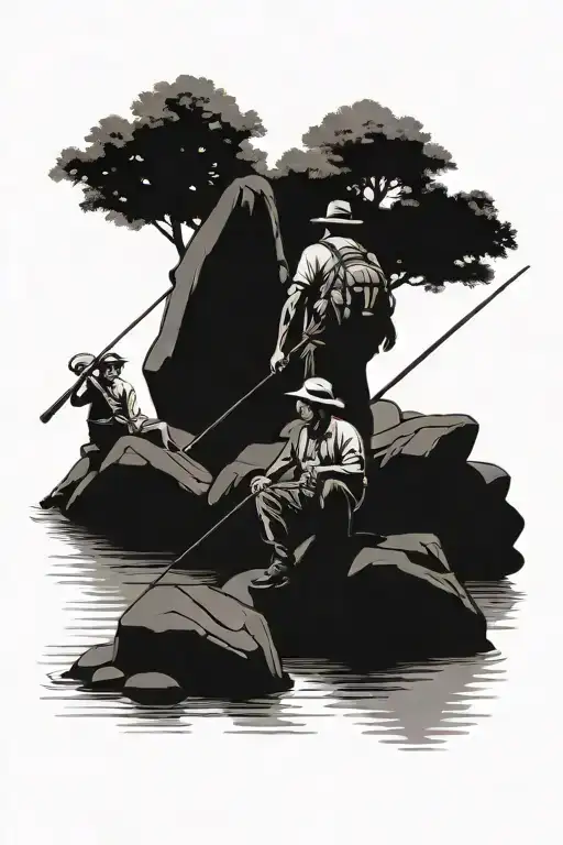 father and son fishing off a big rock on the river tattoo design idea