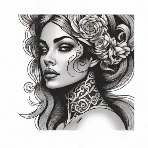 70s woman face s arm sleeve tattoo design idea