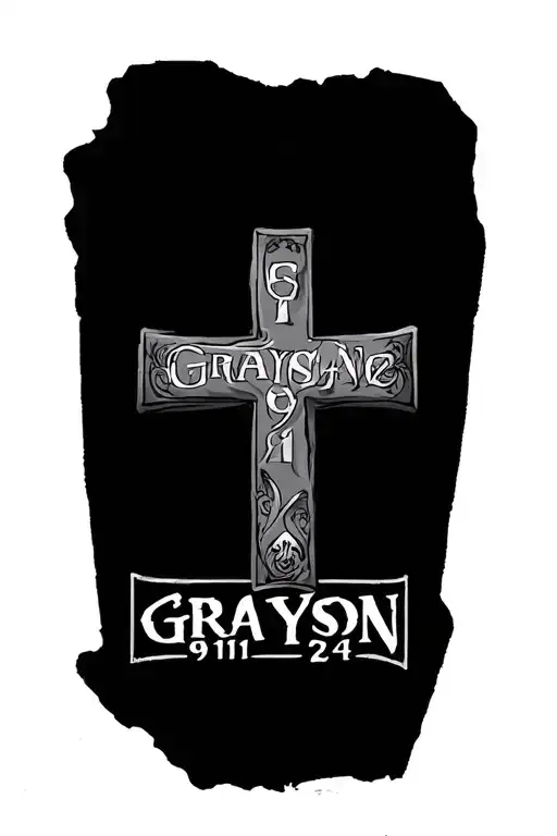 cross with the name Grayson and the date 9/11/24 tattoo design idea