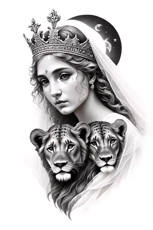 black & grey- greek motherhood goddess with light color hair, wearing crown with small veil, 2 lion cubs and moon tattoo design idea