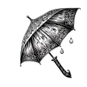 An ornamental dagger going through an umbrella in the style of That's the spirit album from BMTH with few drops under th tattoo design idea