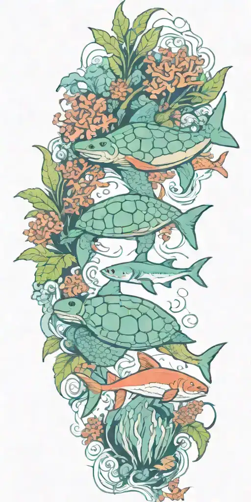ocean turtle shark fish coral tattoo design idea