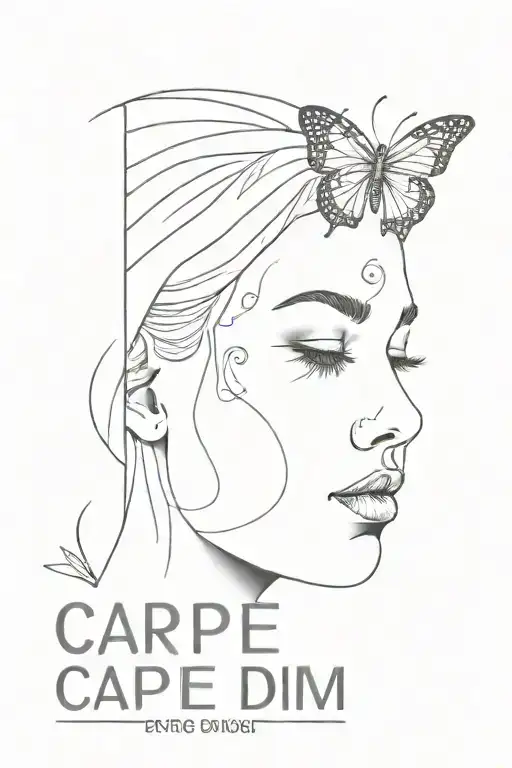 lined women face with a butterfly in her nose , with the text "carpe diem" above  tattoo design idea