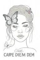 lined women face with a butterfly in her nose , with the text "carpe diem" above  tattoo design idea