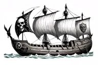 Viking ship with torn sails, broken planks, Viking shields on the sides, on the bow there is supposed to be a skull with tattoo design idea