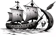 Viking ship with torn sails, broken planks, Viking shields on the sides, on the bow there is supposed to be a skull with tattoo design idea