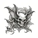 Draw a scary bat with a skull in its paws and slightly torn wings. tattoo design idea
