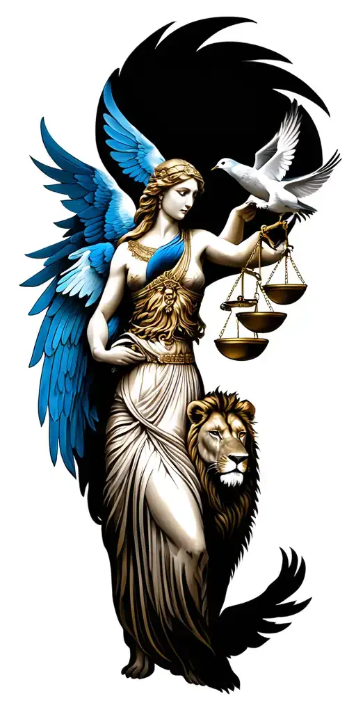detailed fine line virgo maiden that has wings with balancing scales, two doves, a blue bird a male lion and female lion tattoo design idea