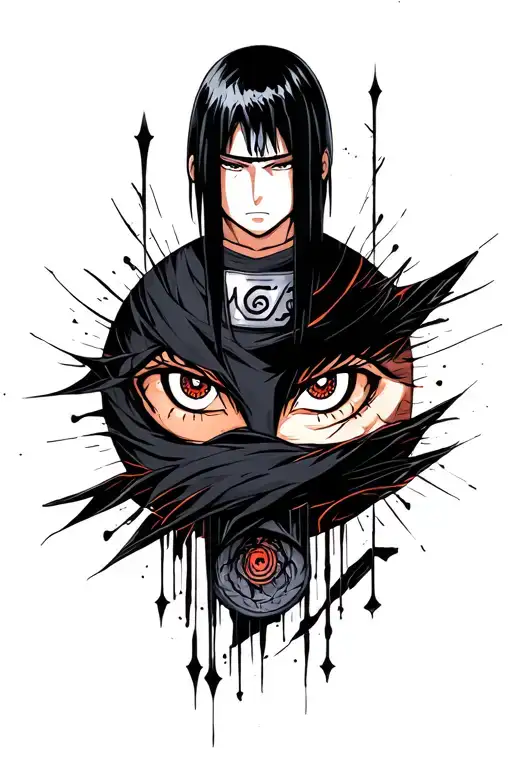 Itachi from the anime Naruto inspired tattoo featuring his eyes as the main part of the tattoo and colour accurate tattoo design idea
