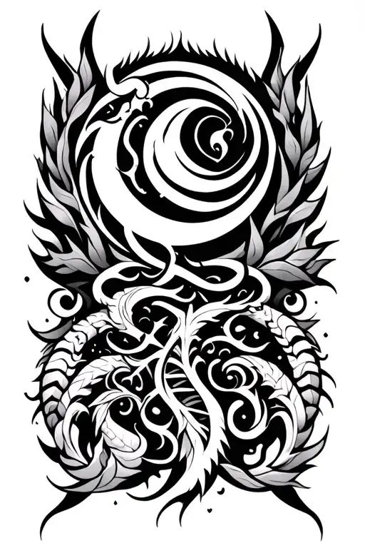 tribal design including army elements, tree of life, dna strand, spiral goddess, tripple moon, dragon tattoo design idea