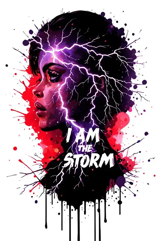 soft with purples and pinks lightning storm with the words "I am the storm" tattoo design idea