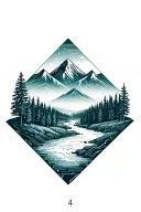 microchip circuit infused with forest with river flowing and  mountain in background  tattoo design idea