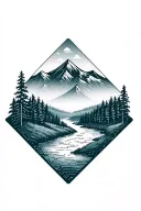 microchip circuit infused with forest with river flowing and  mountain in background  tattoo design idea