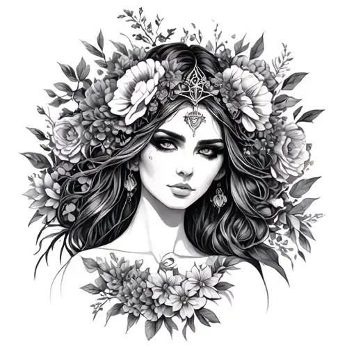 sexy pagan goddess surrounded by flowers tattoo design idea