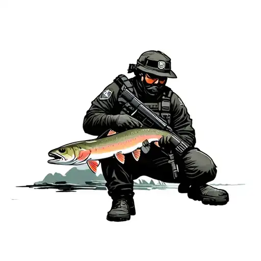 tactical swat police in full tactical gear on one knee holding a rainbow trout the same way he would hold a riffle  tattoo design idea