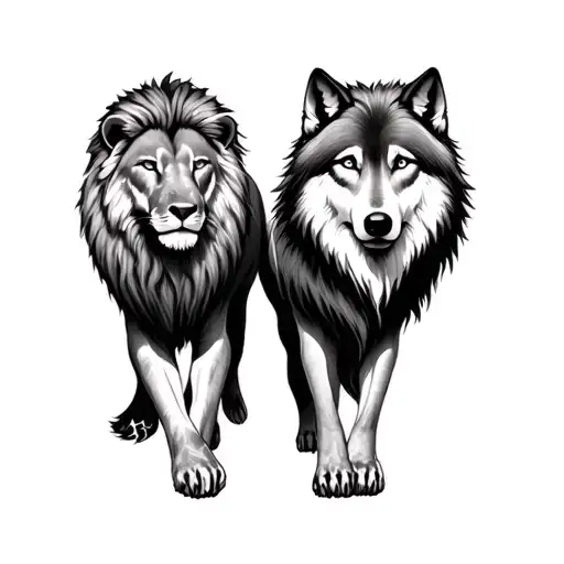 Sure, here's a tattoo design I've been thinking about:**Composition:** Lion and wolf, standing side by side but also facing each other tattoo design idea