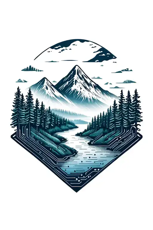 microchip circuit infused with forest with river flowing and  mountain in background  tattoo design idea