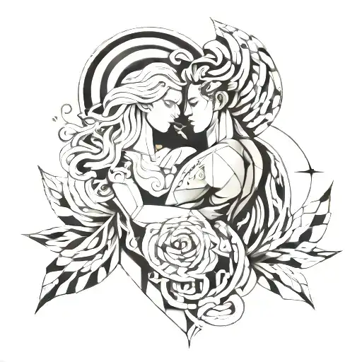 abstract geometric design representing a couple forever together, no color, no shading tattoo design idea