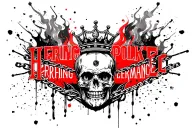 "HERRING PERFORMANCE" SKULL, CROWN, SMOKE CLOCK, PISTON, FIRE, BULLET HOLE, CHAIN tattoo design idea