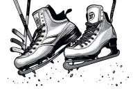 A pair of cross country spikes, running shoes, and ice skates tide and hanging from a hockey stick tattoo design idea