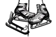 A pair of cross country spikes, running shoes, and ice skates tide and hanging from a hockey stick tattoo design idea