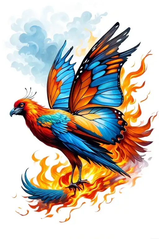 butterfly and phoenix rising from the ashes symbolizing rebirth tattoo design idea