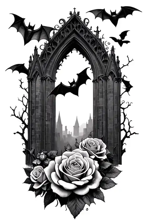 cathedral roses bats flying by a haunted tattoo design idea