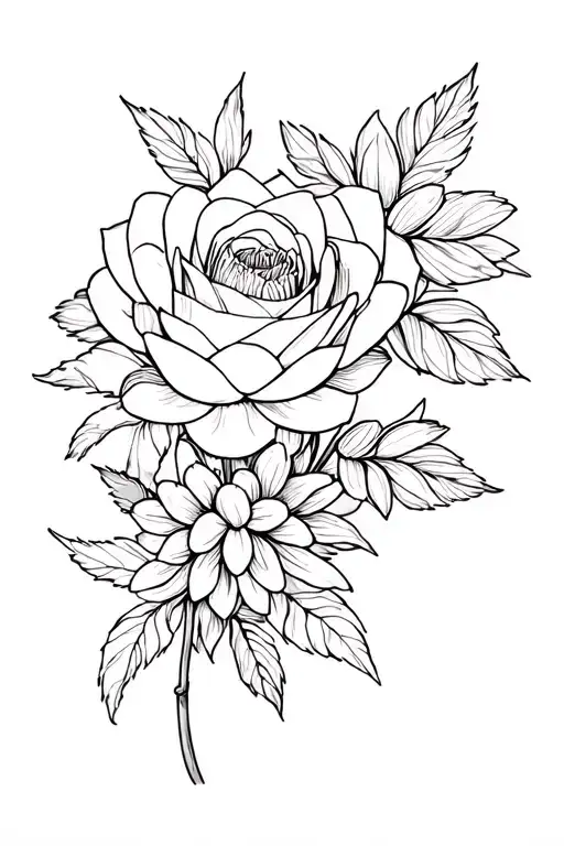 rose, water lily, chrysanthemum bouquet tattoo design idea
