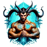 Gay male horned satyr with massive bodybuilder muscles. Background of natural tree roots, vines and patterns tattoo design idea