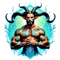 Gay male horned satyr with massive bodybuilder muscles. Background of natural tree roots, vines and patterns tattoo design idea