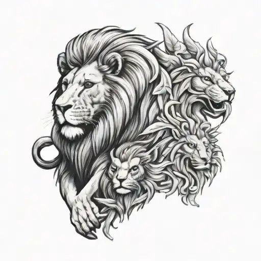 lion and phenix with a cub tattoo design idea