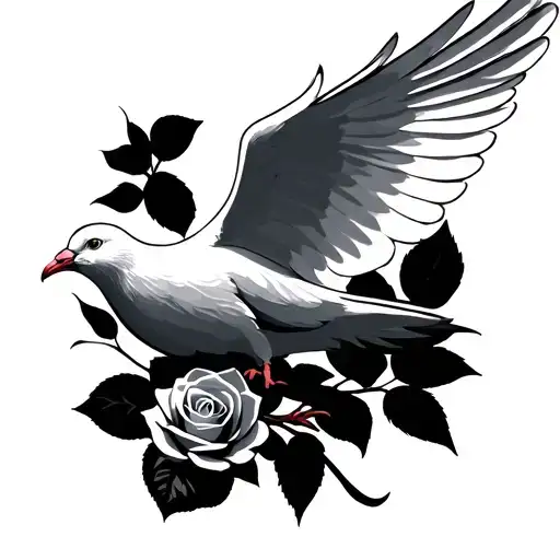 A white dove with spread wings. There should be a rose either in the beak or in the background. tattoo design idea