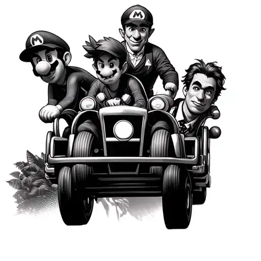 Can you create a tattoo of Mario, toothless, Frankenstein, and newt Scamander riding a roller coaster. tattoo design idea